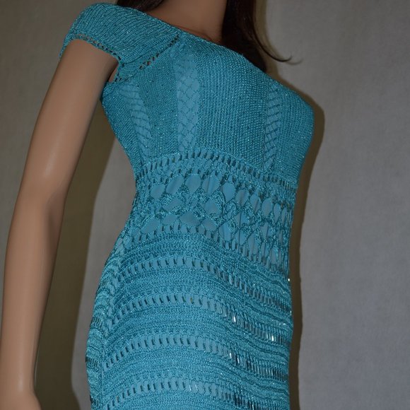 CACH'E ( BEAUTIFUL ) TURQUOISE  NET DRESS SIZE  M - Picture 8 of 9